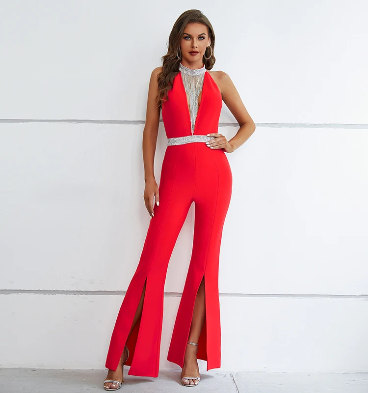 

Fashion Halter Neck Sexy Bandage Dress 2023 Elegant Backless Backless Diamond Strip Slim Long Red Jumpsuit Party Gathering