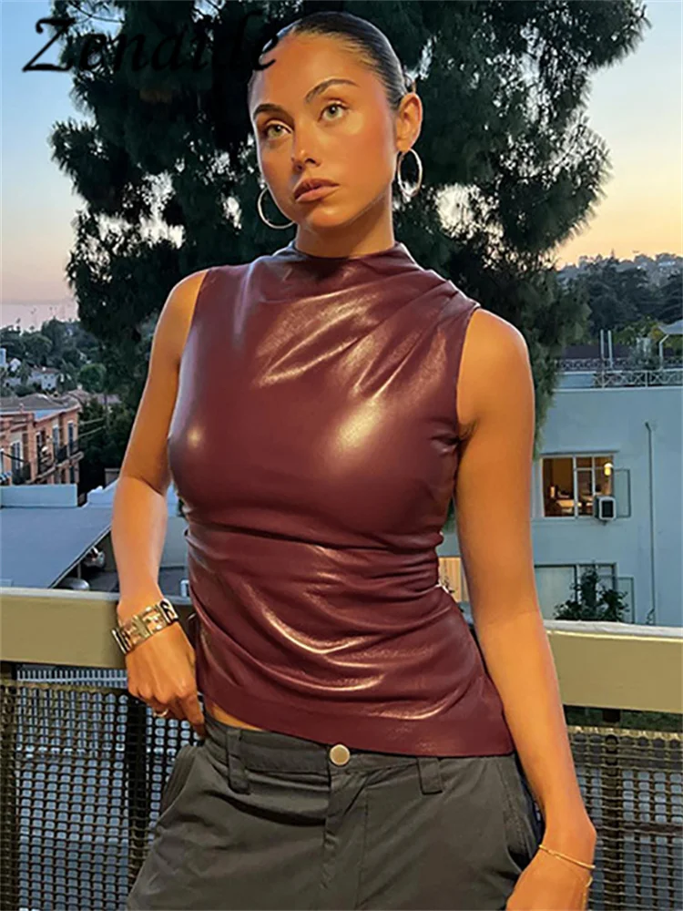 

Zenaide Summer PU Leather Tank Top Fashion Asymmetrical Ruched Sleeveless Turtleneck Sexy Crop Tops Y2K Women Punk Streetwear