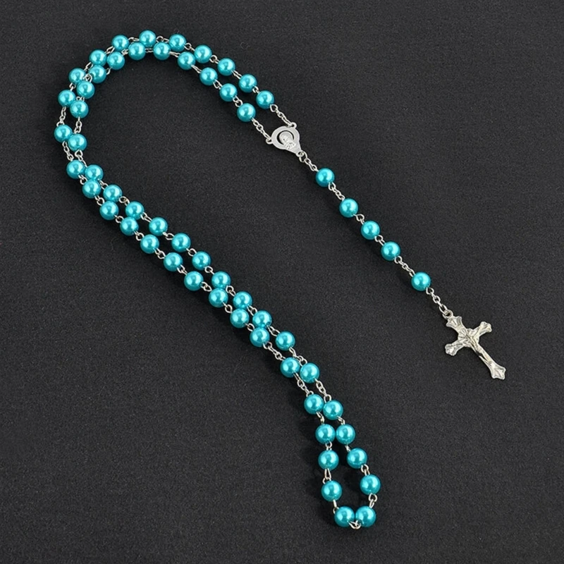 Imitation Pearl Rose Rosary Necklace Pendant Women Catholic Religious Gift
