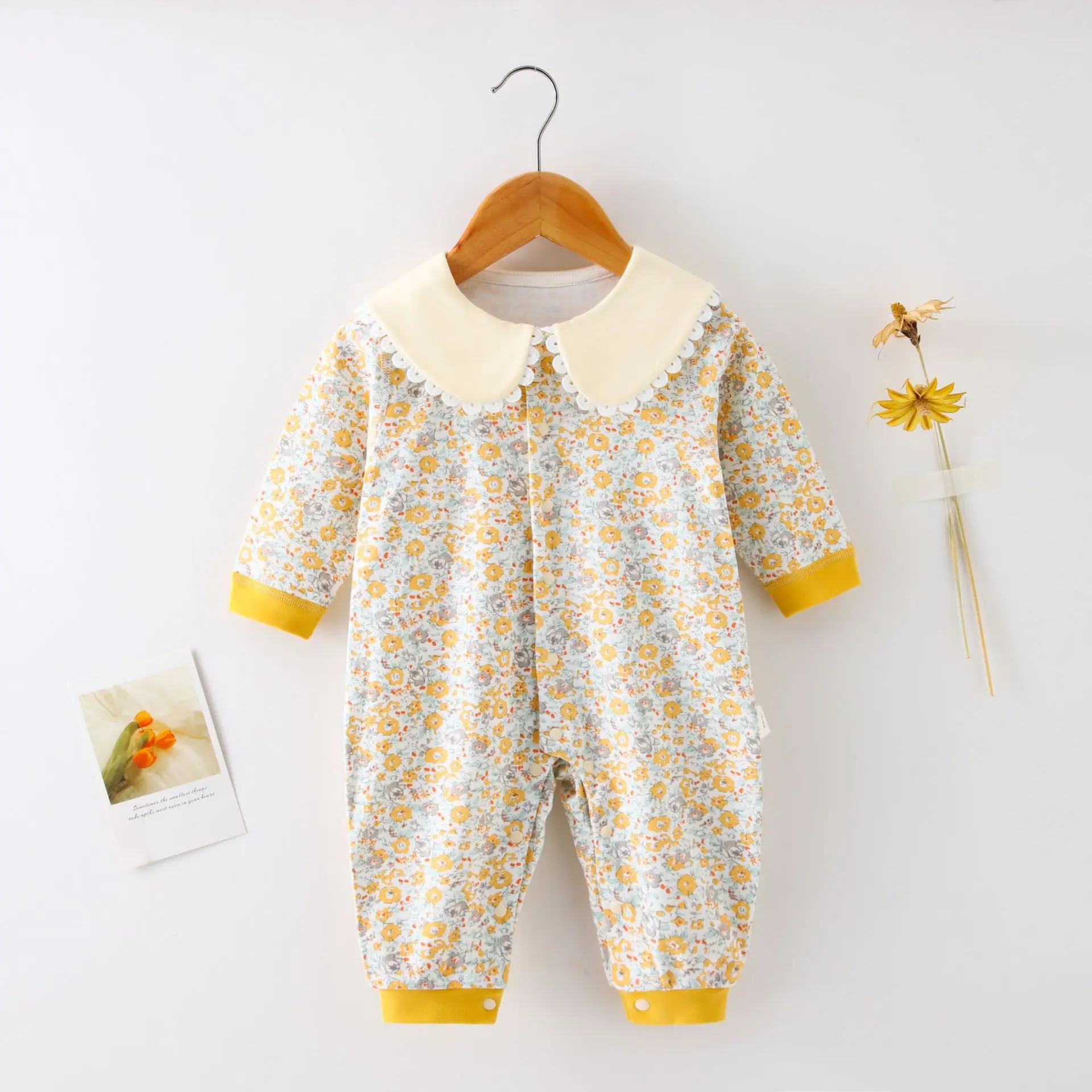 

Jenny&Dave Infants 2023 Spring and Autumn Long Sleeve One Piece Romper with Broken Flower Lace Collar Creeper Cotton Baby Girls'