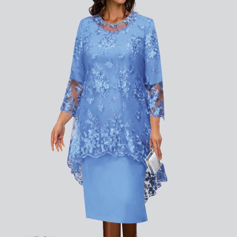 

2023 Autumn New Women Solid Dress Suits Fashion Lace Patchwork O-Neck Three Quarter Sleeve Casual Elegant Slim Two Piece Sets