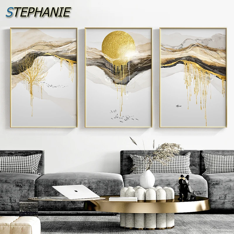 

Abstract Modern Golden Art Canvas Painting Nordic Landscape Sun Boat Tree Decoration Picture Print Home Decor Luxury Wall Poster