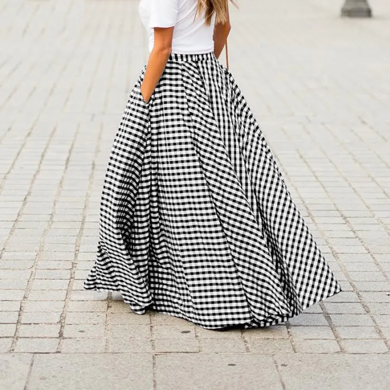 

Summer Plaid Long Skirt Women's Bohemian Skirt High Waist Maxi Long Dress Casual Stretch Women's A-line Skirt Women's Dress Robe