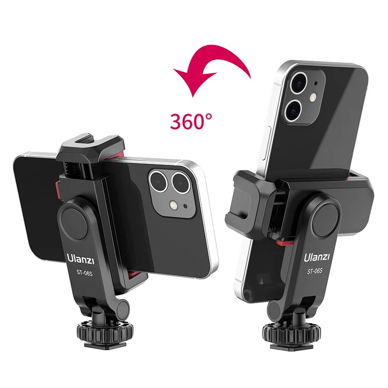 울란지 ST-06S 360 ° 회전 가능한 휴대폰 거치대, 수직 촬영용 폰 마운트 삼각대 마운트, 콜드슈 클립 클램프 포함, 브이로그 라이브 스트리밍용