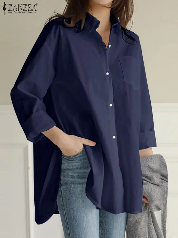 ZANZEA Frauen Mode Baumwolle Hemd 2025, Herbst Langarm Vintage Tunika Top Einfarbig Elegante Bluse Casual Unregelmäßigen Saum Blusas
