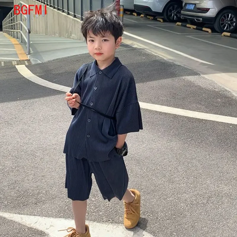 여름 한국 청소년 소년 얇은 늑골이 있는 느슨한 옷 세트 셔츠 + 반바지 2 피스, 캐주얼 반팔 어린이 세트 2-12Y