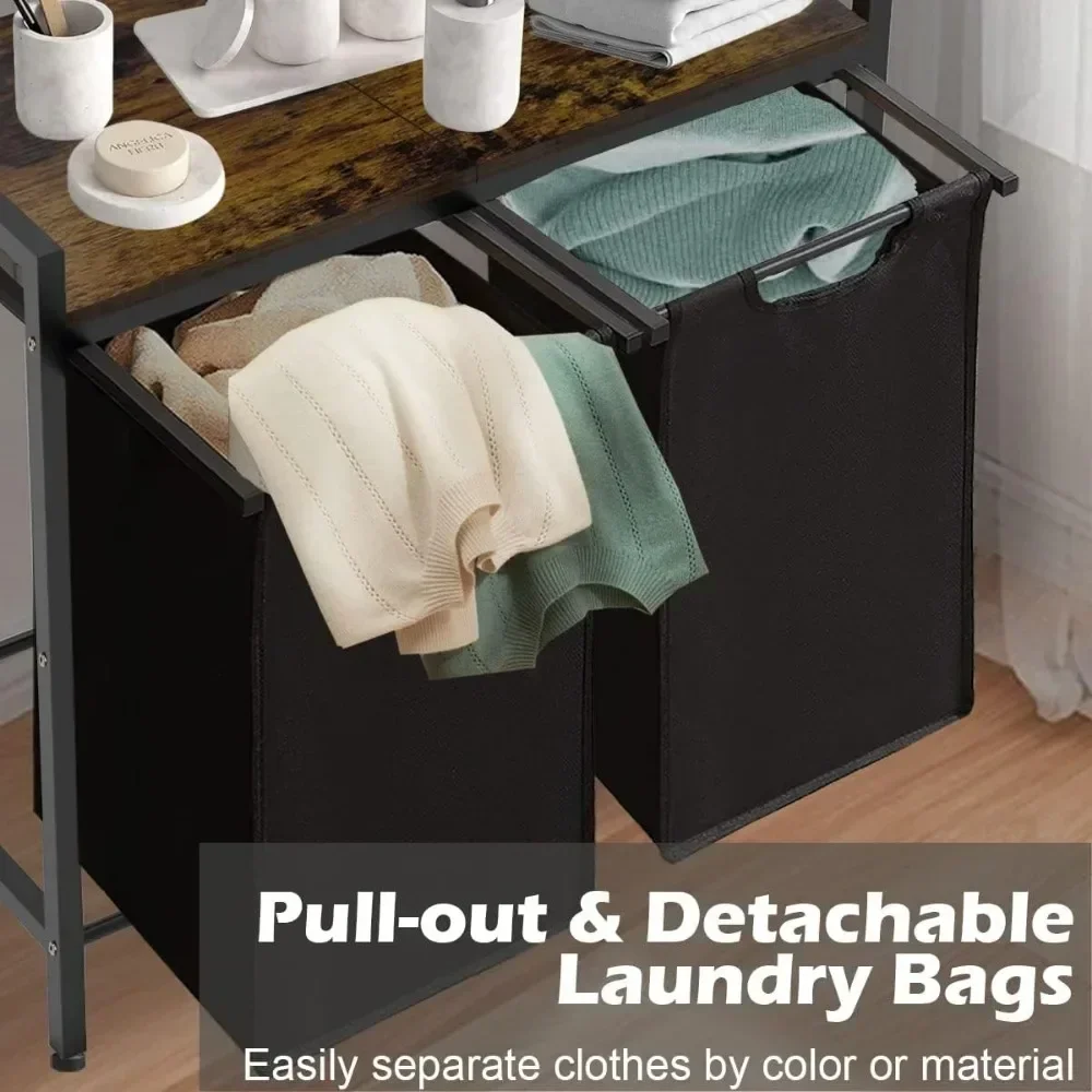Laundry Hamper Sorter with 2 Removable & Pull-Out Sorting Bags Wooden Top Shelf