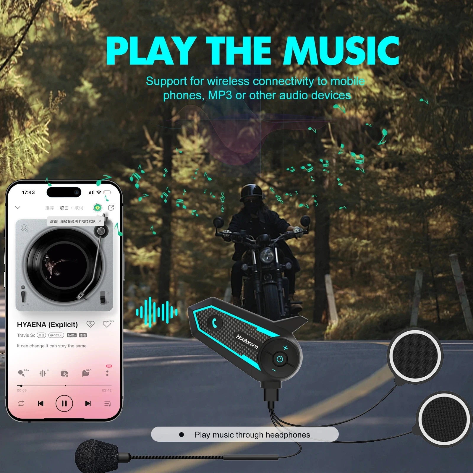 Houtonsen S6 Motorcycle Helmet Bluetooth Headset RGB Light Full-duplex Interphone IP67 Waterproof Hands-free For 2 Riders