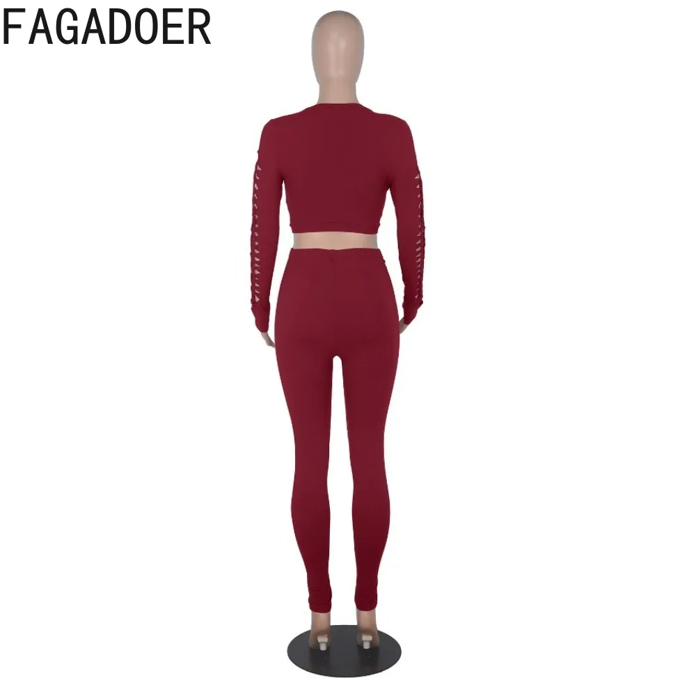 FAGADOER Black Hollow Out Slim Fit 2 Piece Sets Female Sexy Fashion Long Sleeve Crop Top Stretch Pants Outfits 2pcs Matching Set