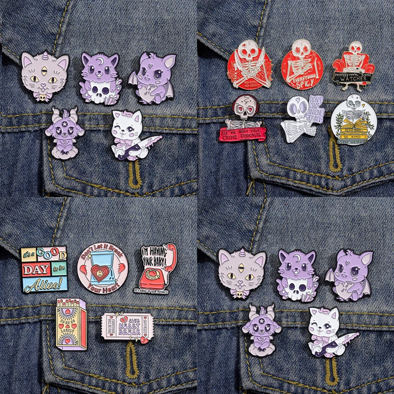 

New Cartoon Enamel Pin Set Custome Punk Gothic Skeleton Ghost Boo Cute Cat Brooches Backpack Lapel Badges Jewelry Gift for Kids