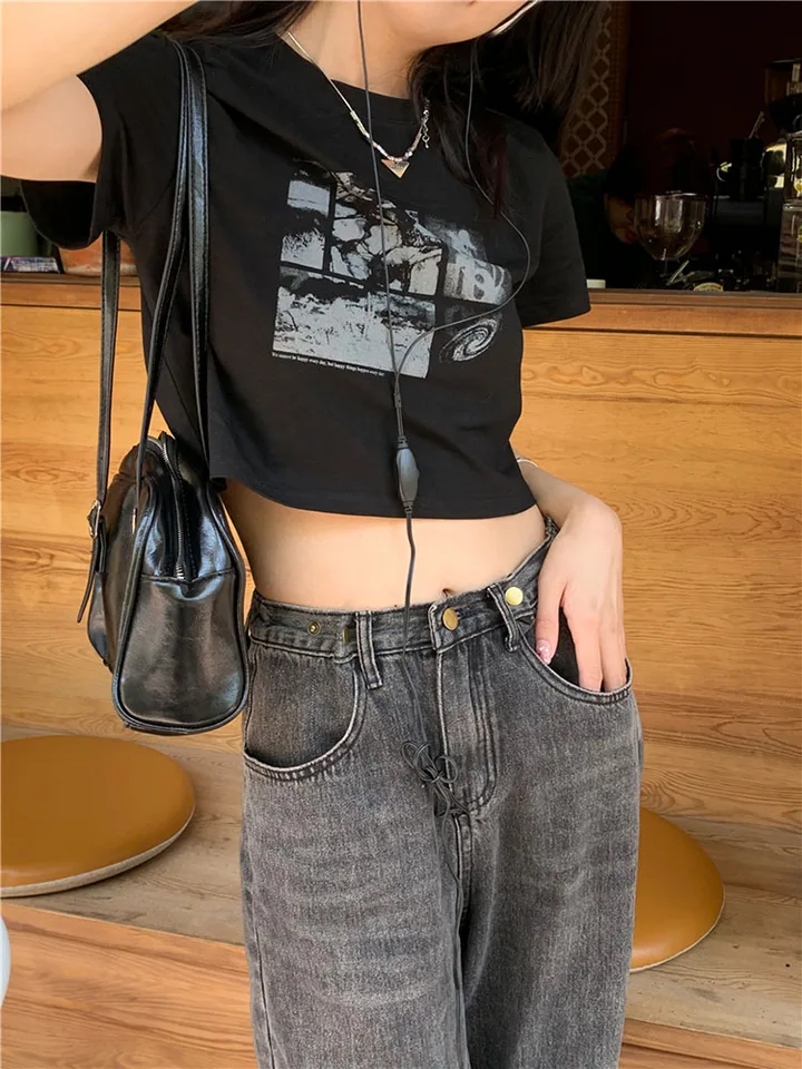 T-shirt Crop Top Donna Y2K – Stile Gothic Harajuku, Stampa Grafica, Manica Corta – Vestibilità Slim, Nera – Streetwear Estivo