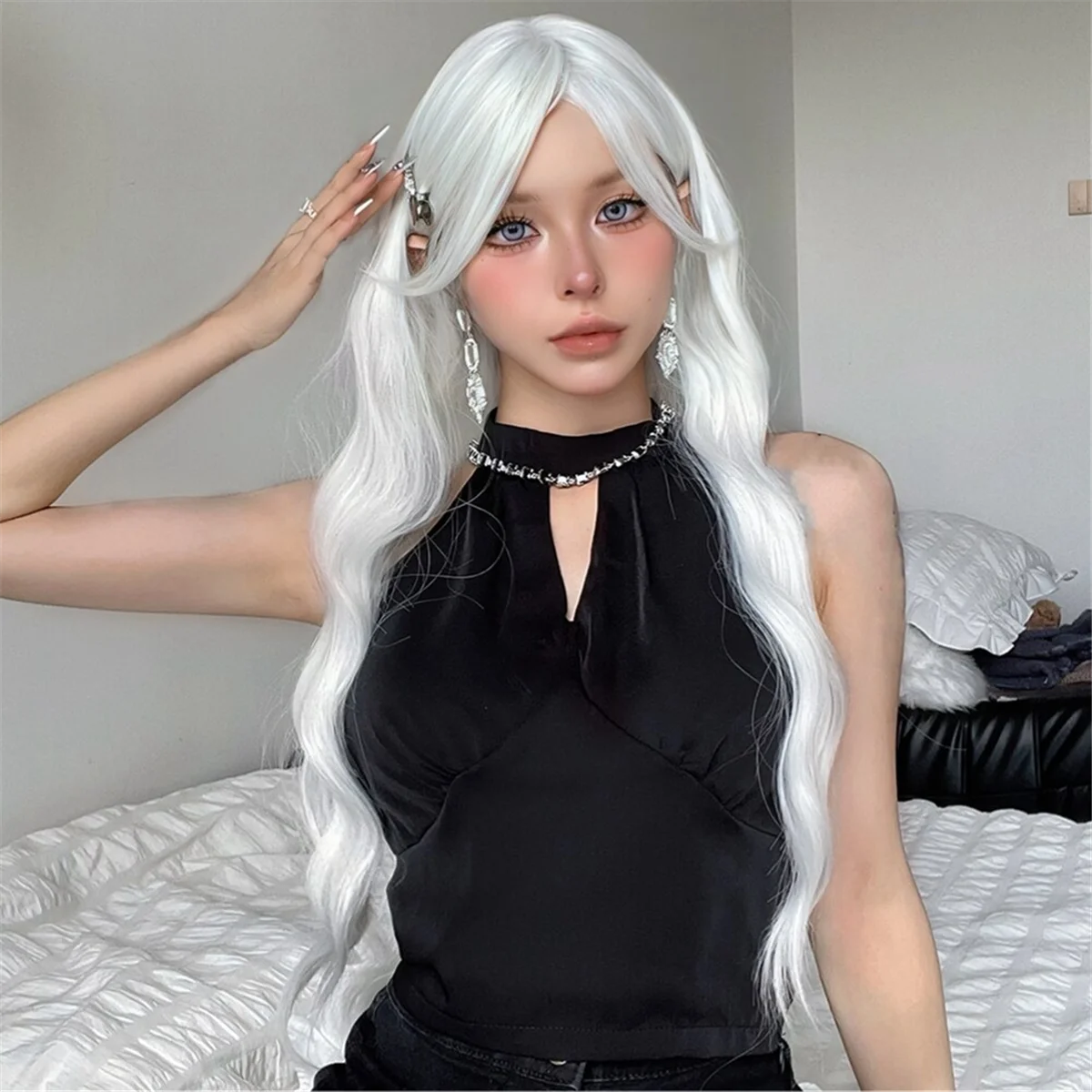 Long Water Wave Wig with Bangs White Colorful Cosplay Silky Wig for Women Daily Synthetic Hair Heat Resistant-C
