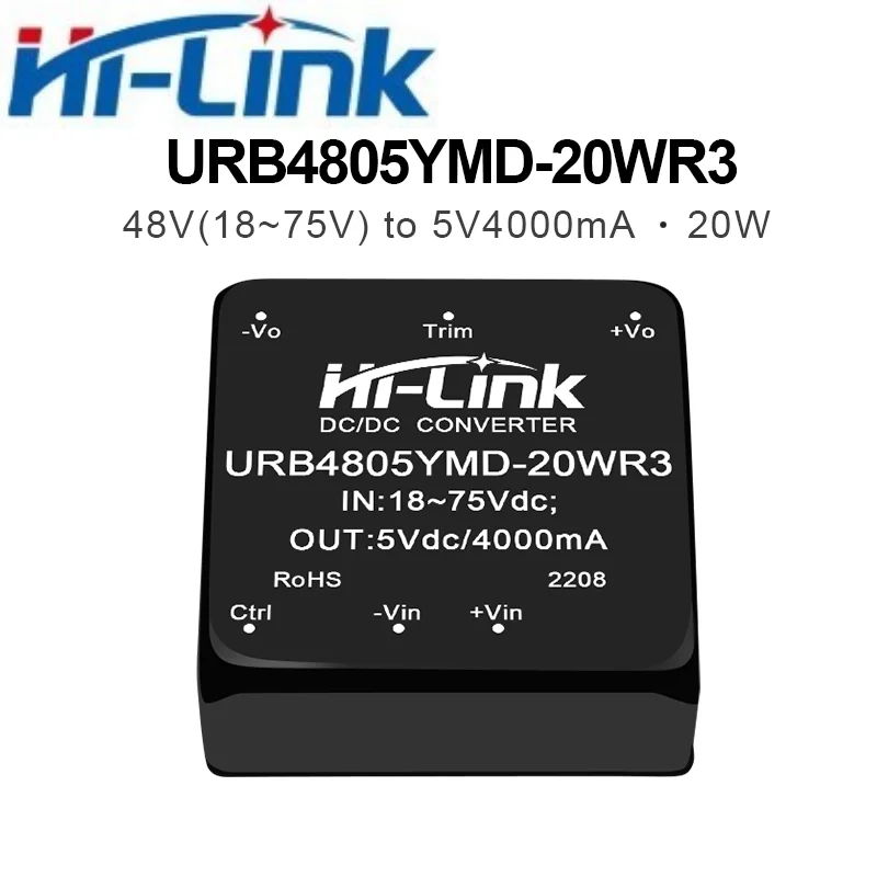 2pcsHi-Link URB4812YMD-20WR3 20W 절연형 DC-DC 전원 모듈 18-75V 초광폭 입력 5V 12V 15V 24V 단일 출력 1500V 절연
