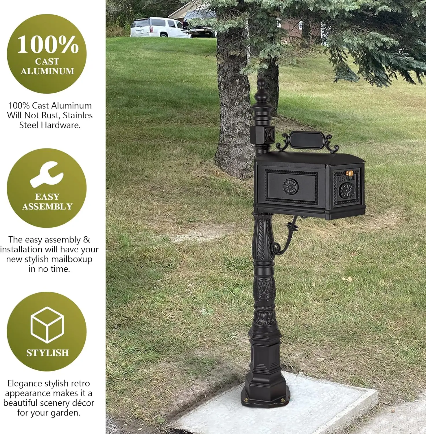 Polar Aurora Barcelona Decorative Post Mailbox Combination Stratford Heavy Duty Postal Mail Box Cast Aluminum(Black) 5