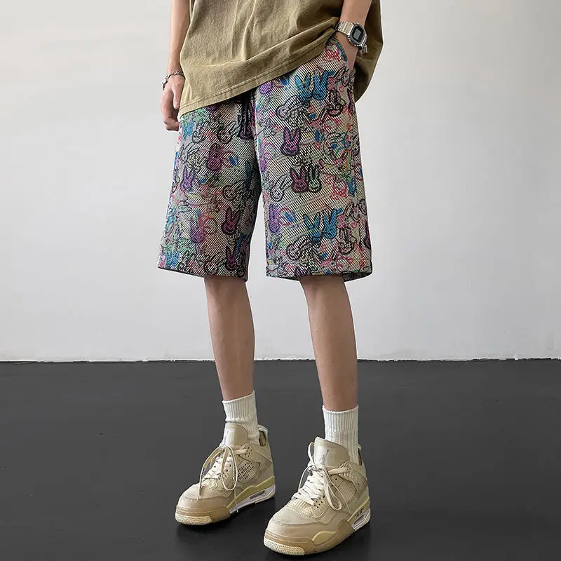 Graffiti Short Elastic Waist Shorts Mesh Hollow Casual Pants Summer Loose Trousers Trend Fashion Sports Streetwear 2023 New