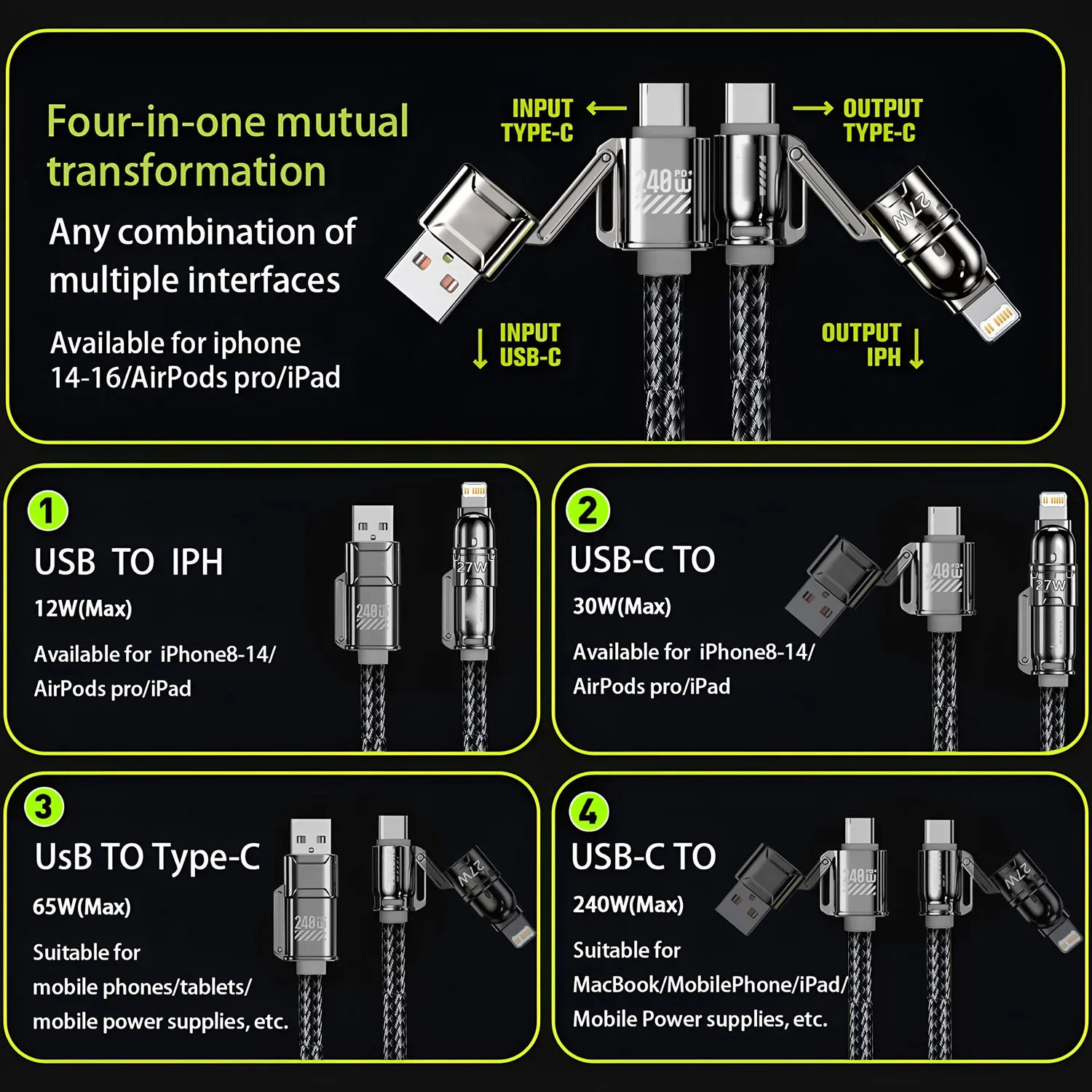 240W 1.8M 초고속 충전 4 in 1 데이터 케이블 듀얼 타입-C+라이트닝+USB 포트 아이폰 삼성 화웨이용 휴대폰 충전 케이블