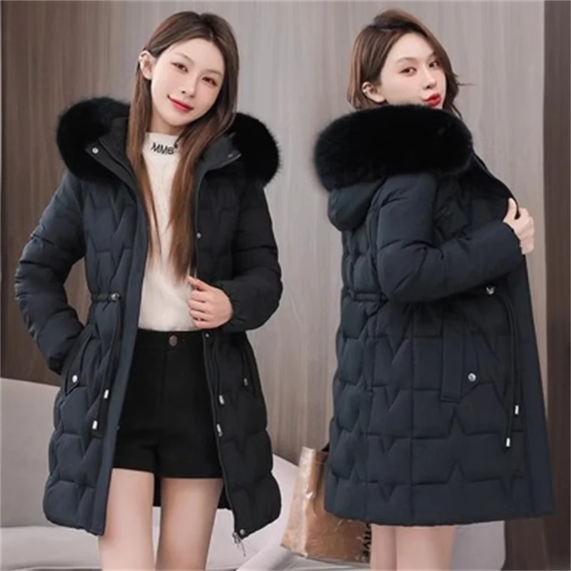 2024 Winter Women New Korean Down Cotton Coat  Warm Cardigan  Female Medium Length Loose Thickened Waistband Slim Cotton Jacket