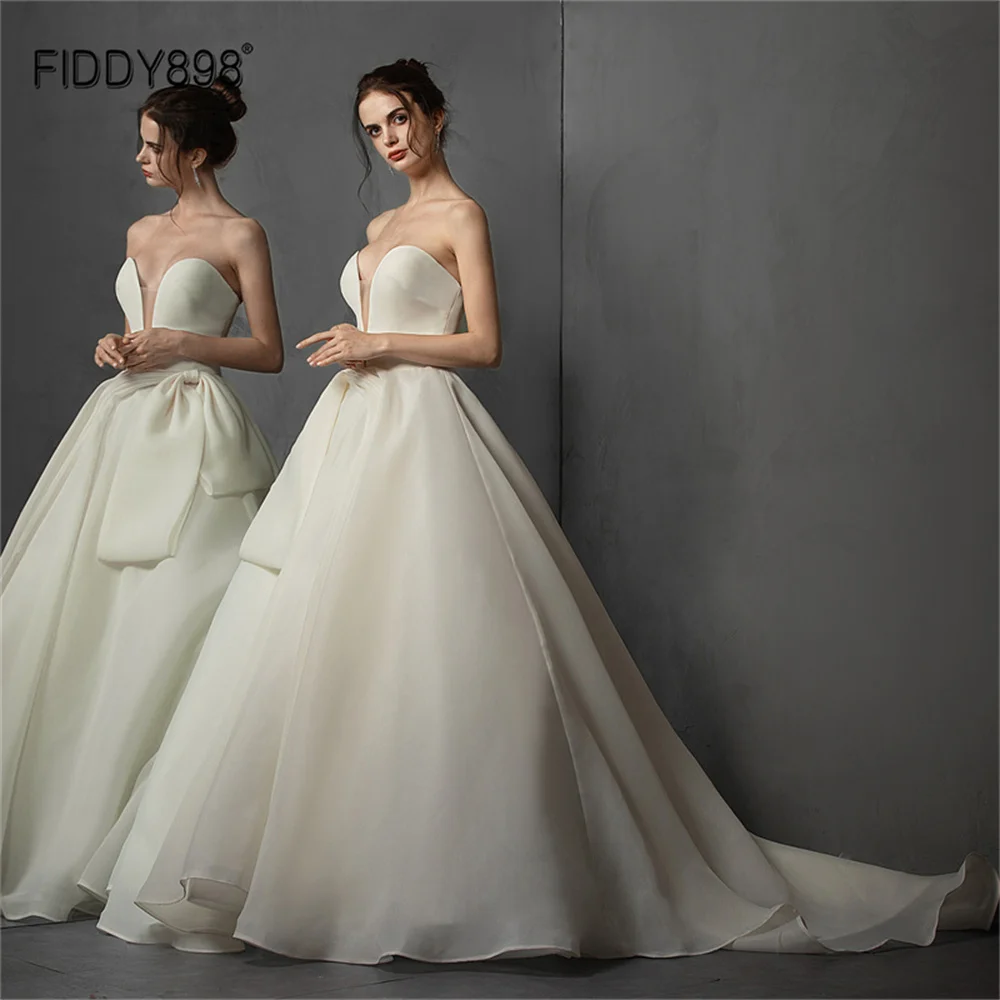 

FIDDY898 Simple Sweetheart-neckline Wedding Dresses A-line Sleeveless Organza Fabric Bridal Gowns with Bow QD06088