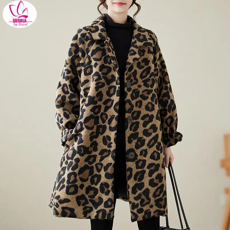 

SUSOLA Free Size Women Trench Coat Spring Leopard Casual Women's Long Outerwear Loose Trench Coat Streetwear Pockets Coats