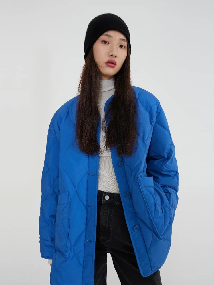 

ADAgirl Blue Argyle Coats for Women Button Up Quilted Parkas Oversized Streetwear Office Lady Basic Warm Winter Jackets Clothes