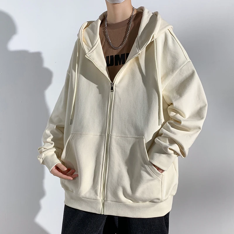Men's Spring Autumn Drawstring Solid Pockets Hooded Long Sleeve Sports Hoodies Cardigan Coats Casual England Style Vintage Tops