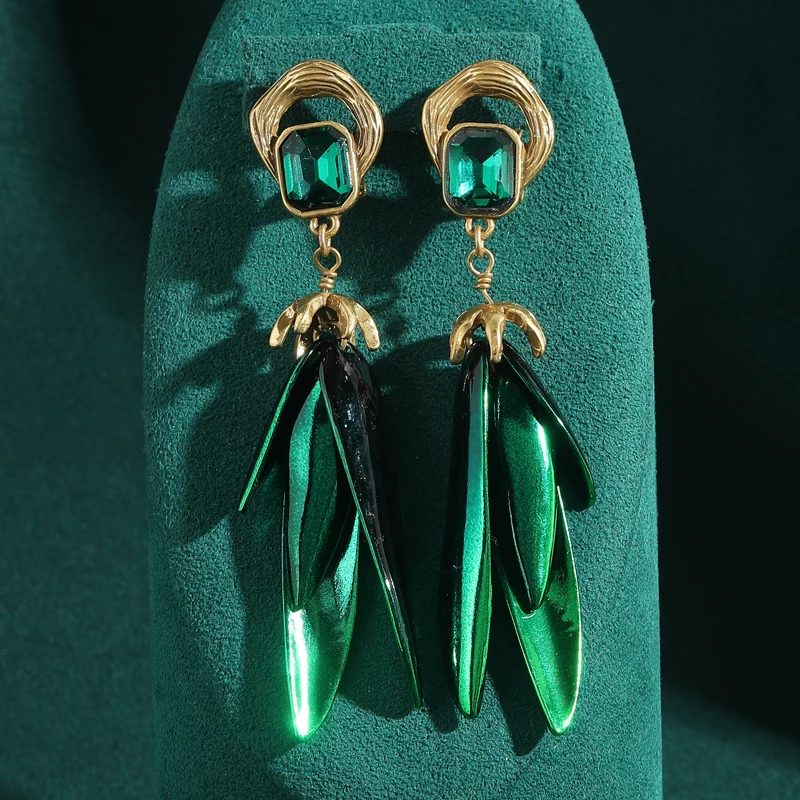 Vintage Emerald Leaves Statement Earrings Green Crystal Drop For