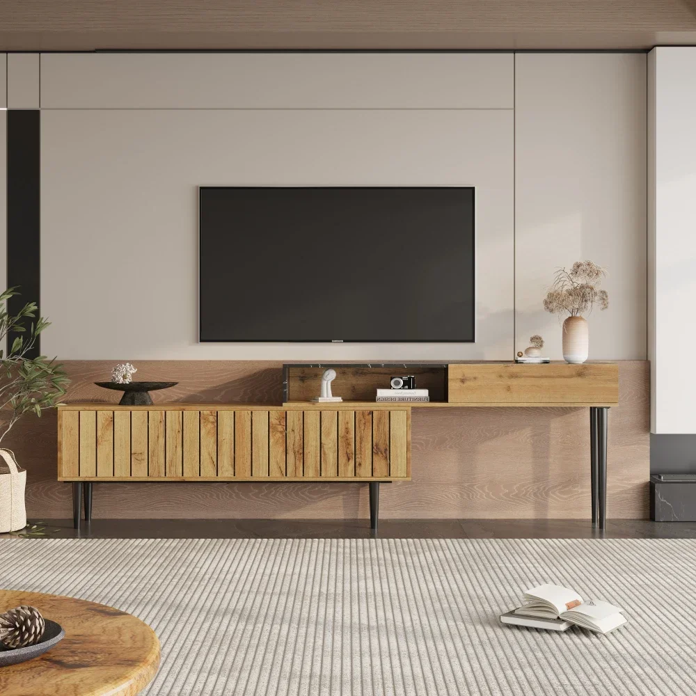 Moderner TV-Ständer mit Marmor- und Holzschnitzerei-Design, PVC-Kante, Eisenbeine, dunkle Holzfarbe, platzsparend, langlebig und langlebig – Detail 7