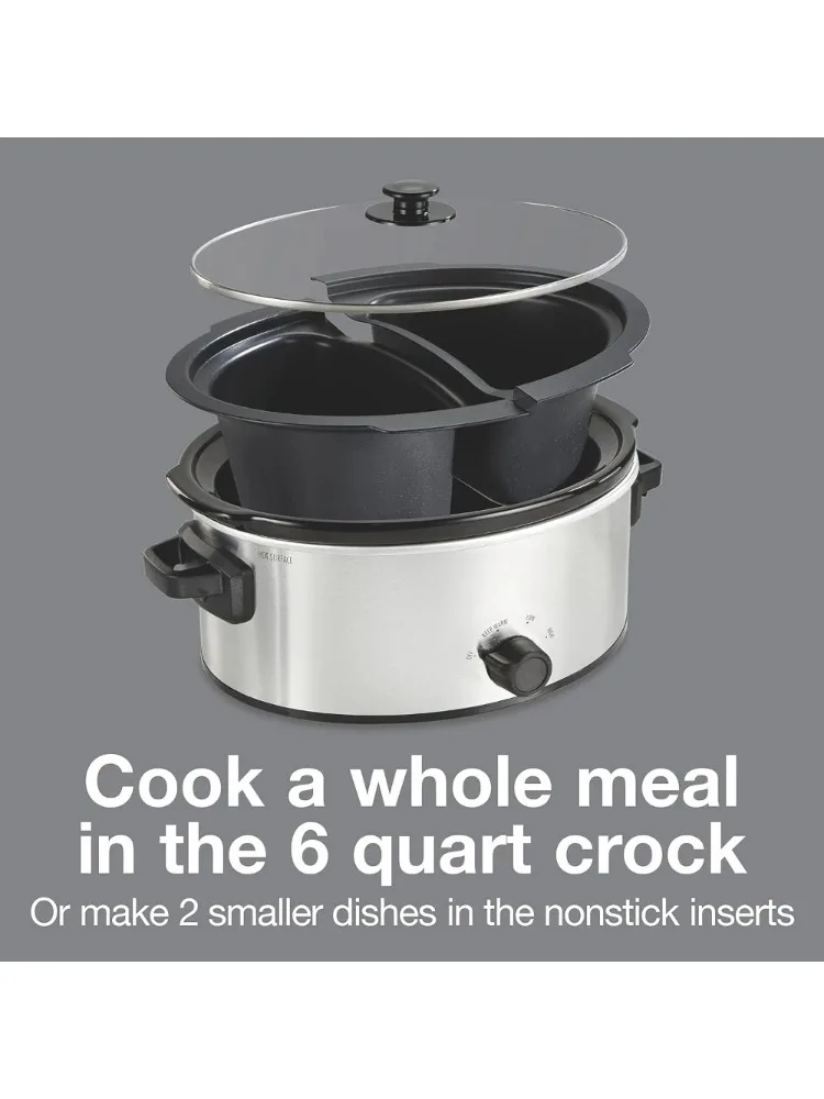 Double Dish Slow Cooker with 6qt Crock and Dual 2.5qt Nonstick, Dishwasher Safe Pot, Slow Cooker 2