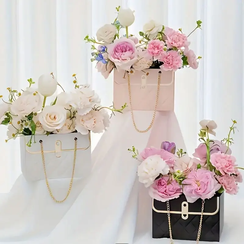1/3pcs Elegant Portable Flower Gift Boxes Metal Chain Handles Paper & Metal Bouquet for Wedding Birthday
