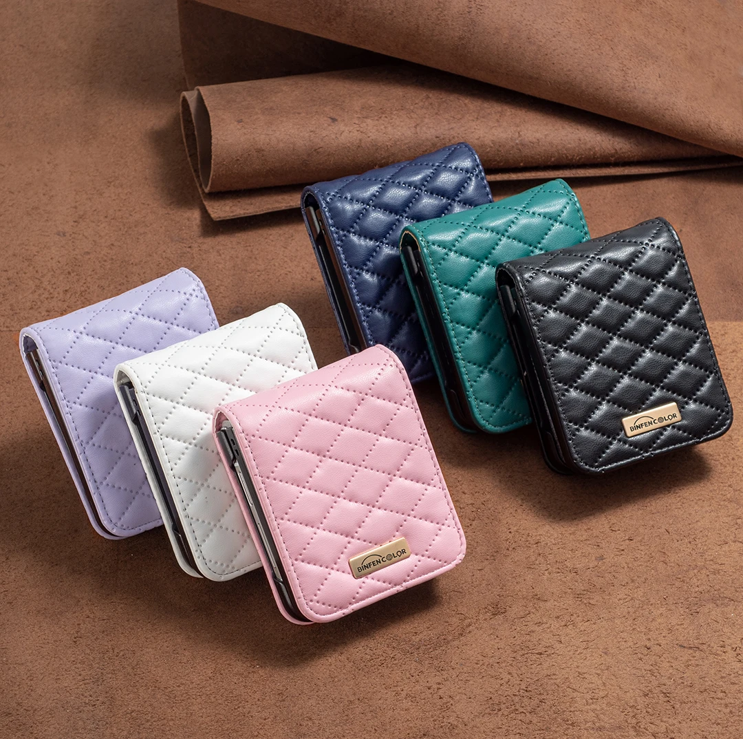 

Business Rhombic Grain Texture Leather Phone Case For Samsung Galaxy Z Flip 5 Solid Color All-inclusive Folding Protection Cover