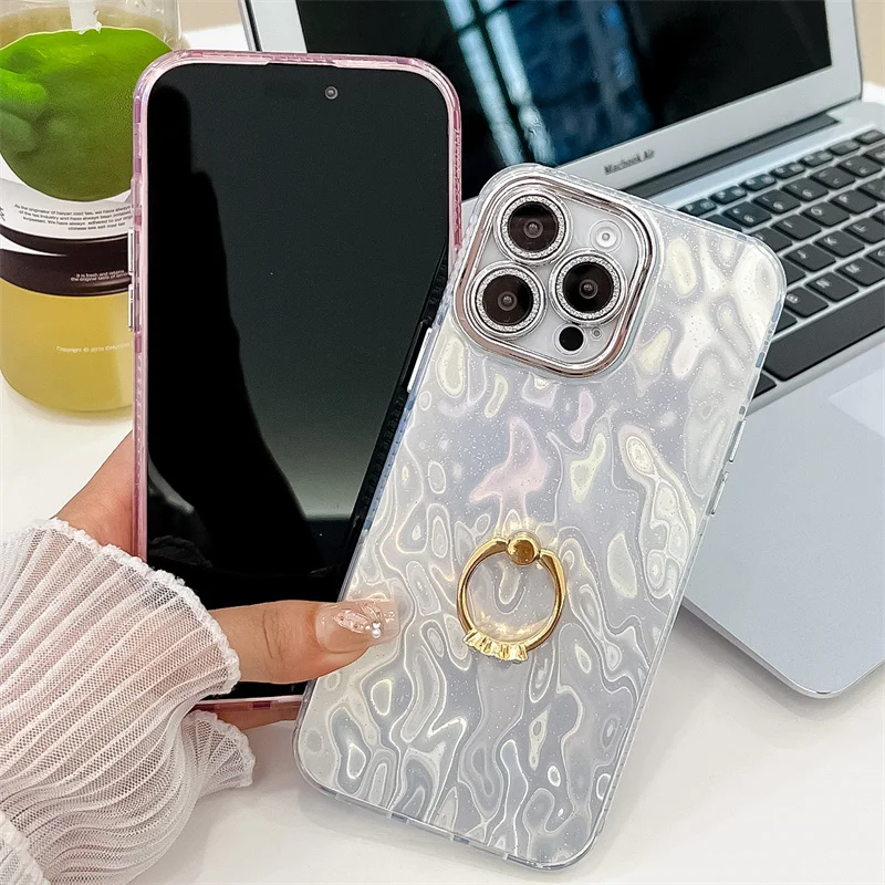 Étui de téléphone pliable avec anneau en aluminium pour iPhone 16 Plus 15 14 13 Pro Max, protection de caméra à paillettes, coque arrière rigide antichoc en PC_voghion.com