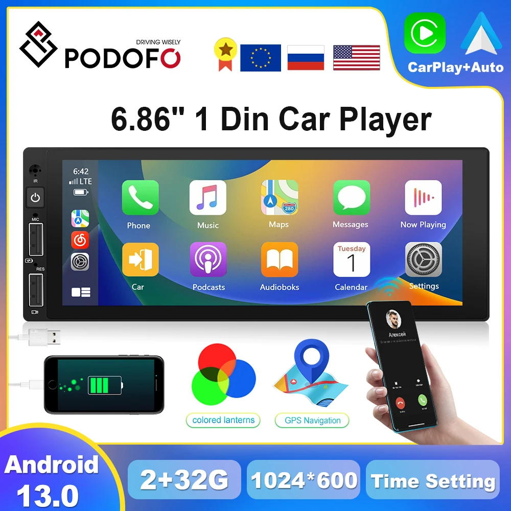 

Автомагнитола Podofo 1DIN CarPlay Android, автомобильный радиоприемник 6,86 дюйма, универсальный мультимедийный плеер, GPS, стерео, головное устройство, Авторадио для сиденья VW Kia