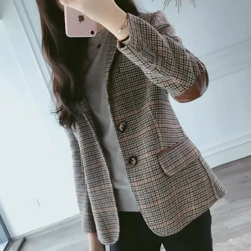 

Korean Style Vintage Women Blazers Woolen Suit 2022 New Slim Retro Plaid Blazer za Elegant Womens Jacket Single-breasted Blazers