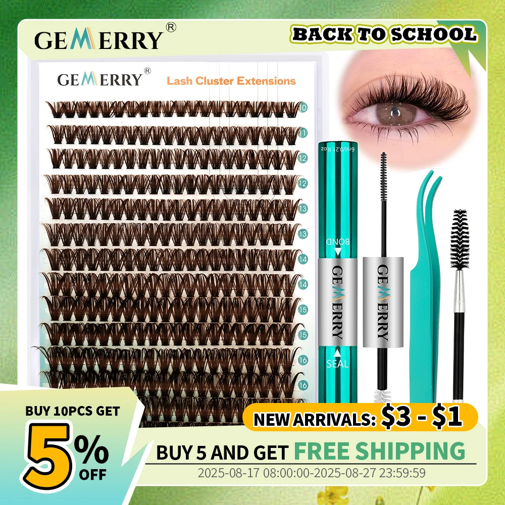 GEMERRY 40D/80D/100D/200D 280Pcs DIY Eyelash Extension Kit Brown Fluffy Cluster Lashes D Curl Lash Bond and Seal, Lash Tweezers