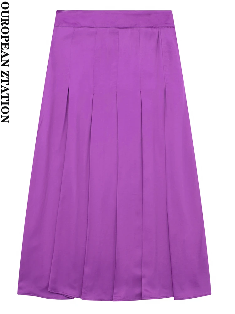 

PAILETE Women 2023 fashion flowing satin pleat midi skirt vintage high waist side zip female skirts mujer