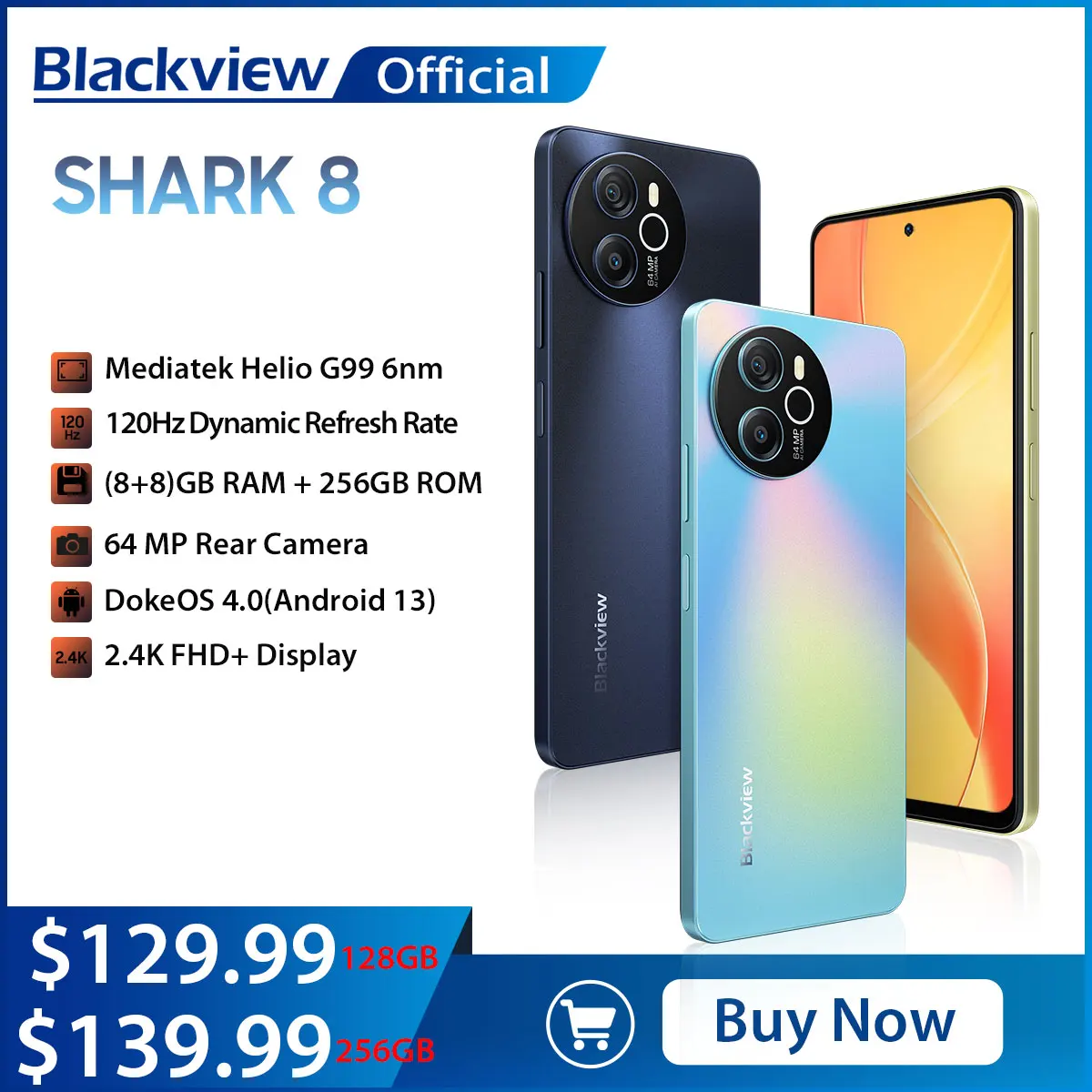 Blackview-SHARK 8 Smartphone, Celular, Celular, Android 13, G99, 16GB, 256GB, 6,78 '', Tela 2.4K, 64MP, Estreia Mundial