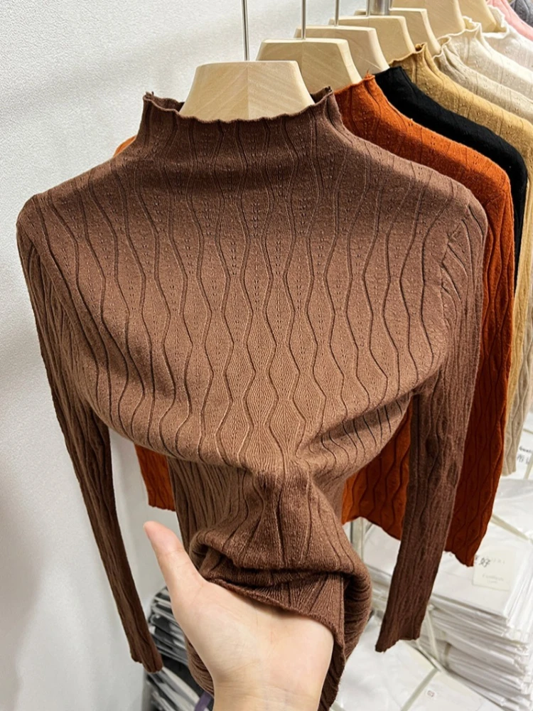 2025 محبوك سترة الياقة المدورة النساء البلوزات الخريف الشتاء الدافئة البلوز سليم القمم لينة سحب الإناث البلوز 4