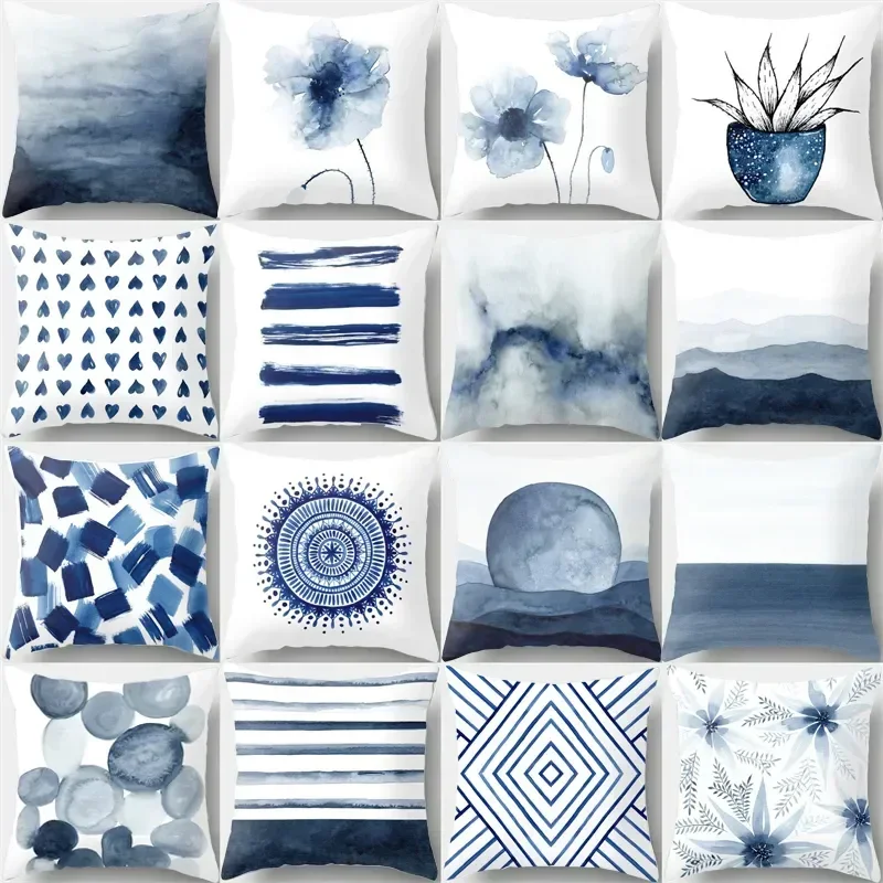 

45x45cm Blue Ink Flower Pillowcase Sofa Living Room Home Decoration Abstract Geometric Polyester Cushion Cover Bedroom Decor