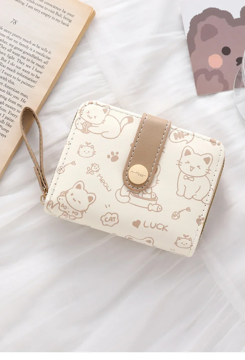 1pc Nette Katze Cartoon Geldbörse Mädchen Kurze Brieftasche PU Leder Große Kapazität Leichte ID Karte Halter Mini Brieftasche mode – Detail 2