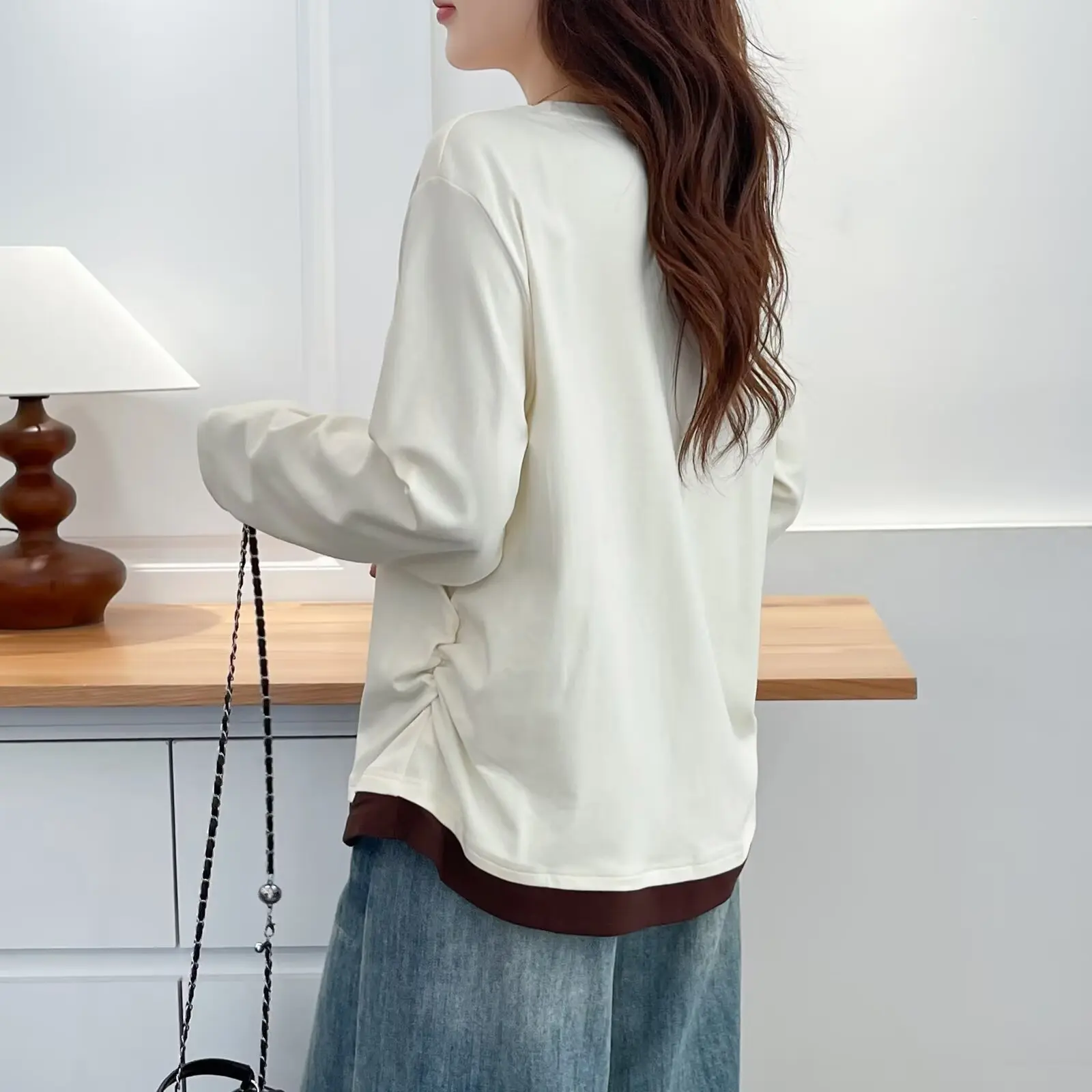 Plus Size Women's Long Sleeve T-Shirts With Fold Waist Autumn Fake Two Pieces O-Neck Metal Label Tees 7028