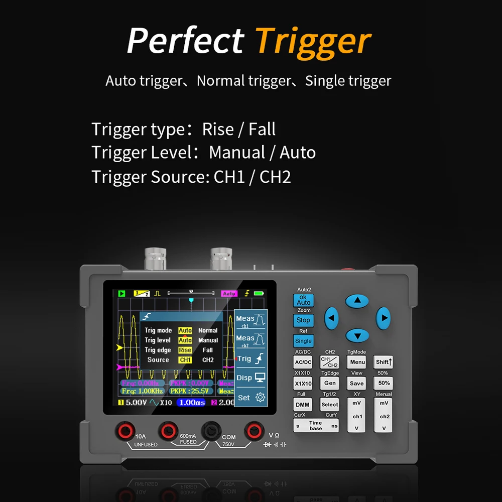 3in1 Digital Oscilloscope Multimeter Signal Generator Dual Channel 120Mhz Bandwidth 250MSa/s Sampling Rate Handheld Oscilloscope 3