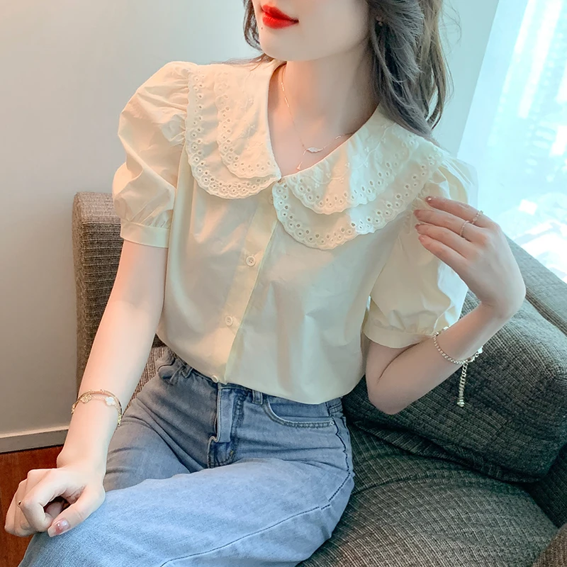 

New Korean Cute Doll Collar Women Blouse 2022 Summer Fashion Puff Short Sleeve Shirts Blouses Woman Cotton Casual Tops