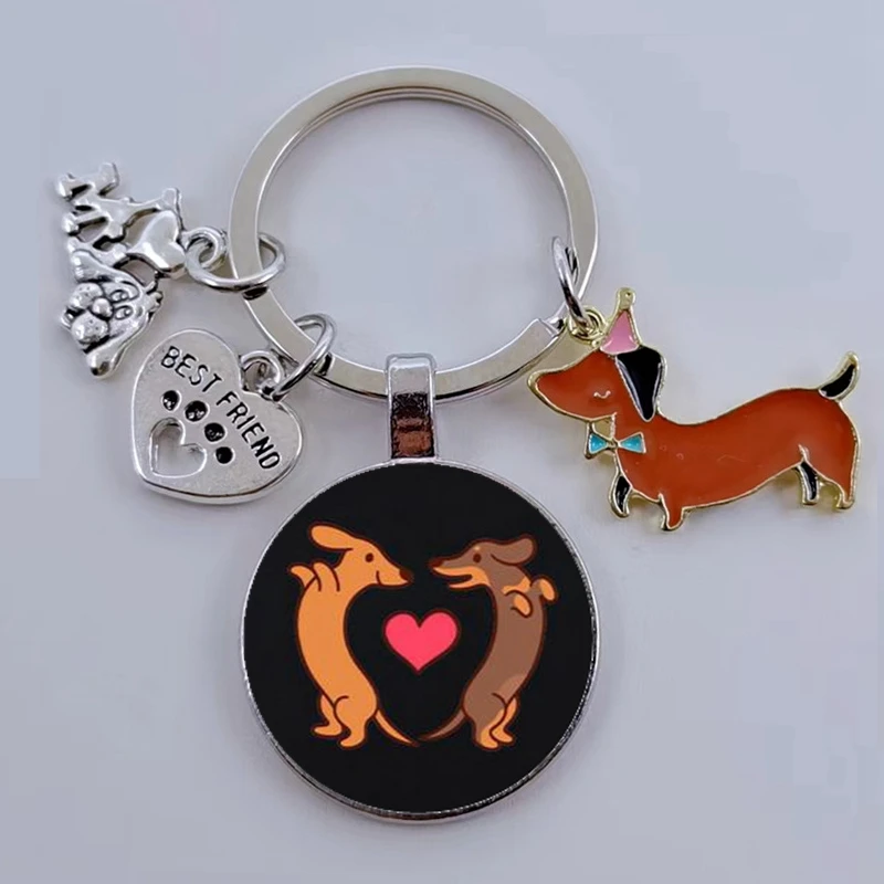 Very Cute Enamel Dachshund Dog Keychain, Adorable Pet Dog Paw Glass Cabochon Keyring I Love My Dog Pendant Keychain Gift