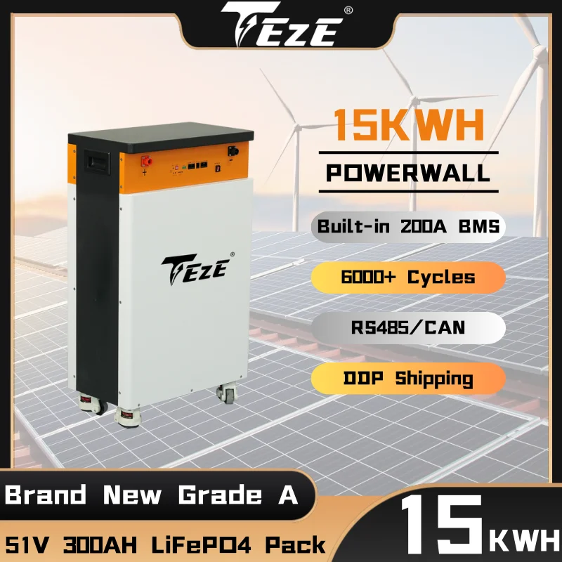 EU STOCK TEZE 48V 280AH 15KWH LiFePO4 Battery Powerwall 51.2V 300AH Built-in BMS With Active Balancer Home Storage 2