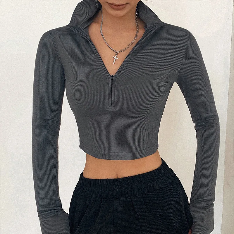 Women Grey Black Slim Fit Cropped Tee Shirt
