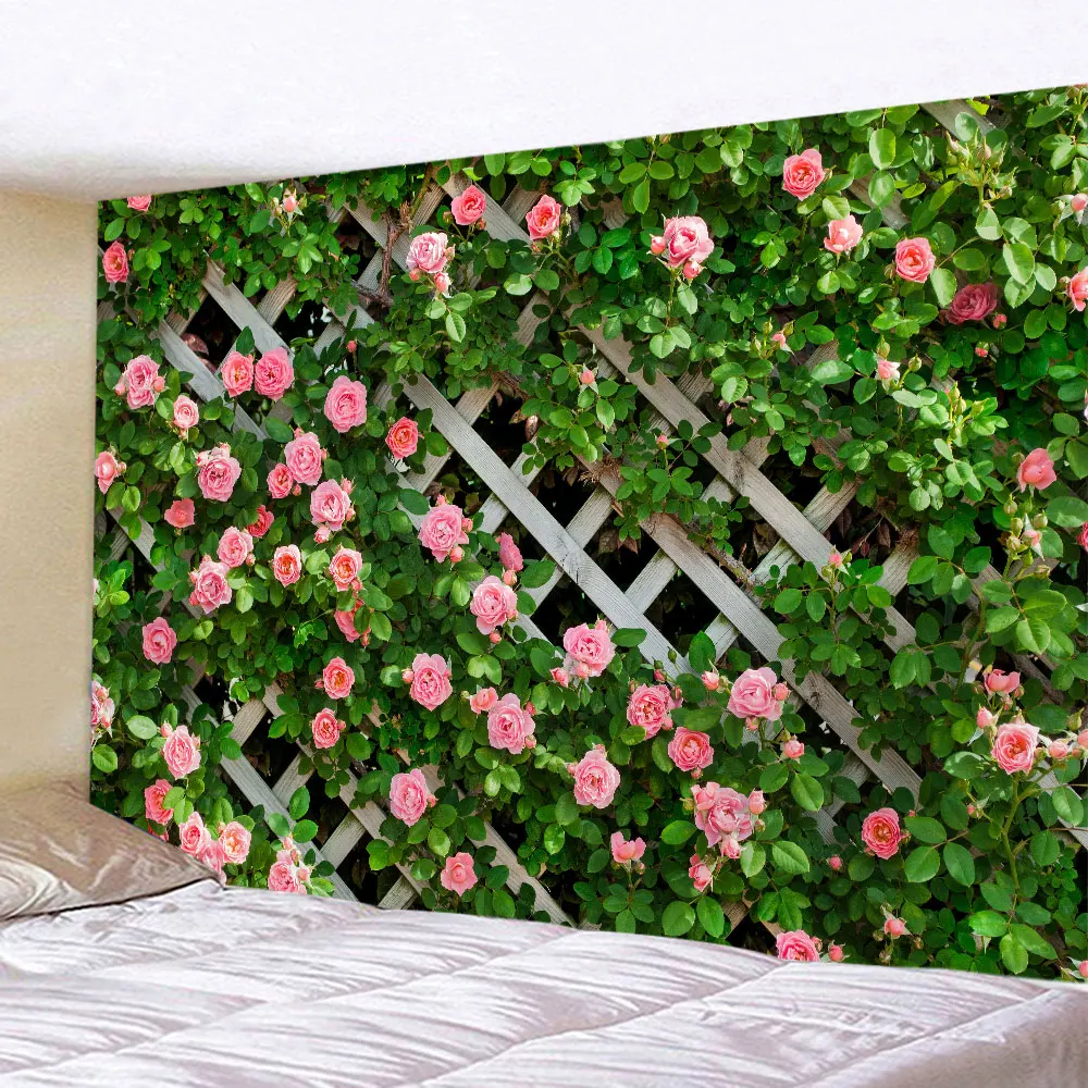 Tapestry Aesthetics Spring Flower Fence  Pink Rose Plant  Wall Garden Window Natural Scenery Home Decoration
