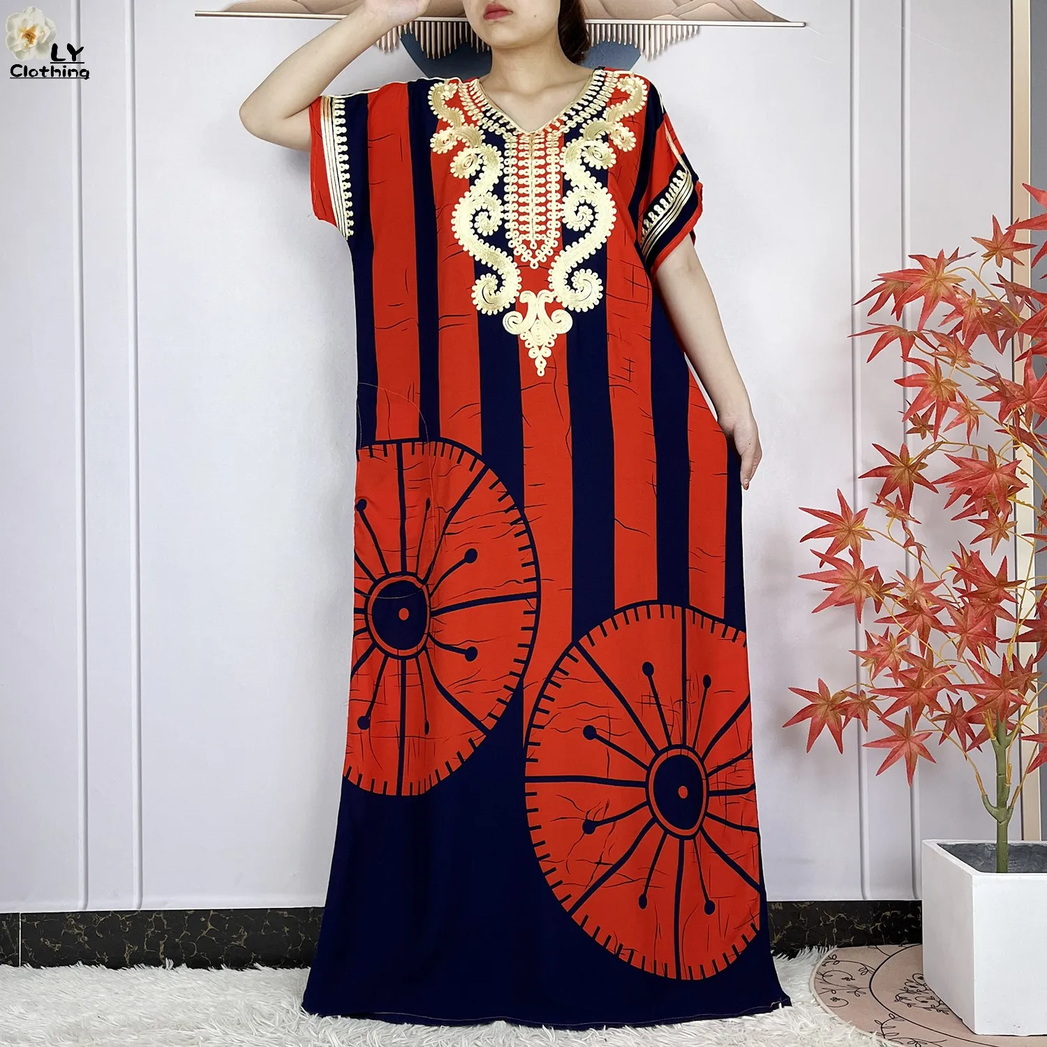 2024 Latest Style African Women Summer Short Sleeve Dubai Kaftan Stripe Printed Cotton Maxi Muslim Femme Loose Abaya Clothing 4