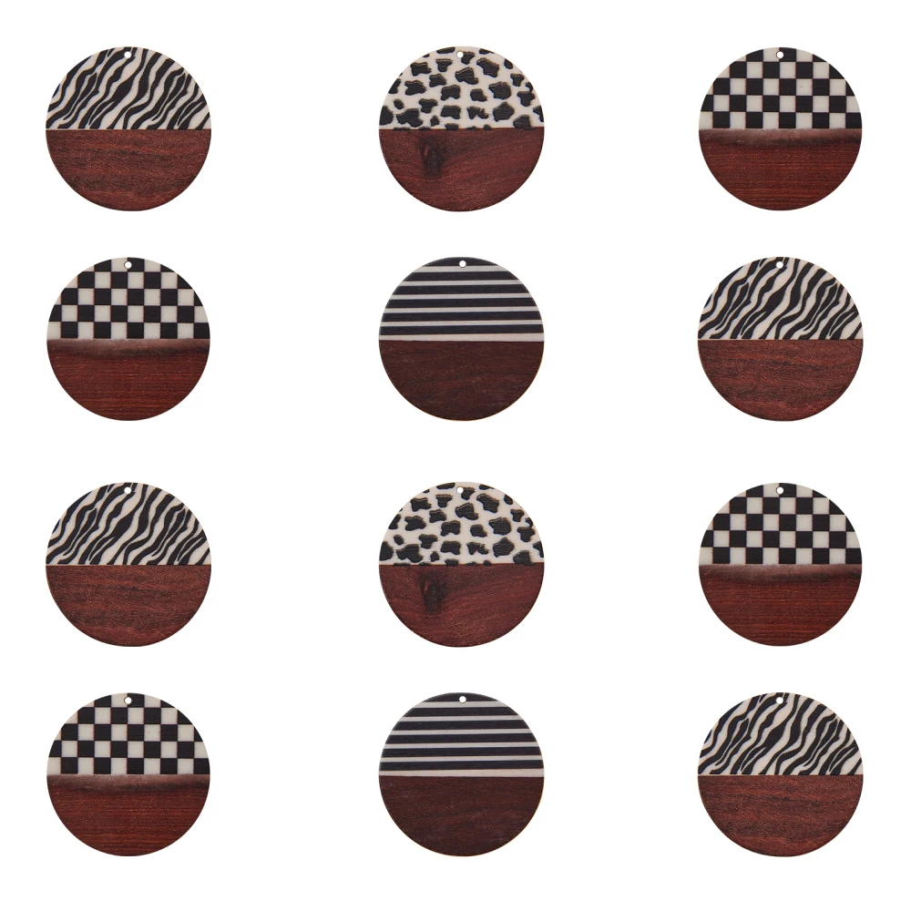 8Pcs Zebra Stripes Lattice Leopard Pattern Printed Resin & Wood Pendants Round Wooden Charms for Girl Jewelry Making Accessories