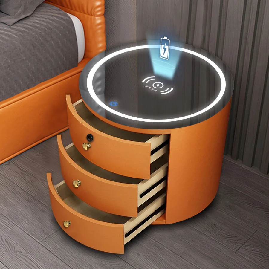 Round Bedside Table Nightstands Intelligent Password Fingerprint