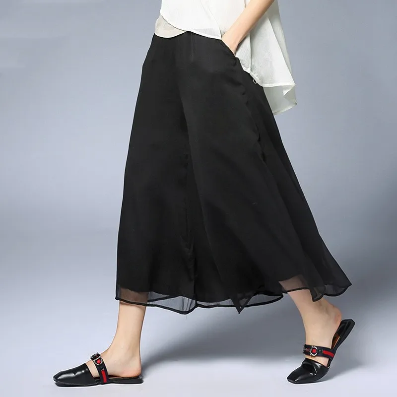 

Korean Fashion Women Summer Oversize Chiffon Skirt Pants High Waist Loose Breathable Black Casual Wide Leg Calf-length Trousers